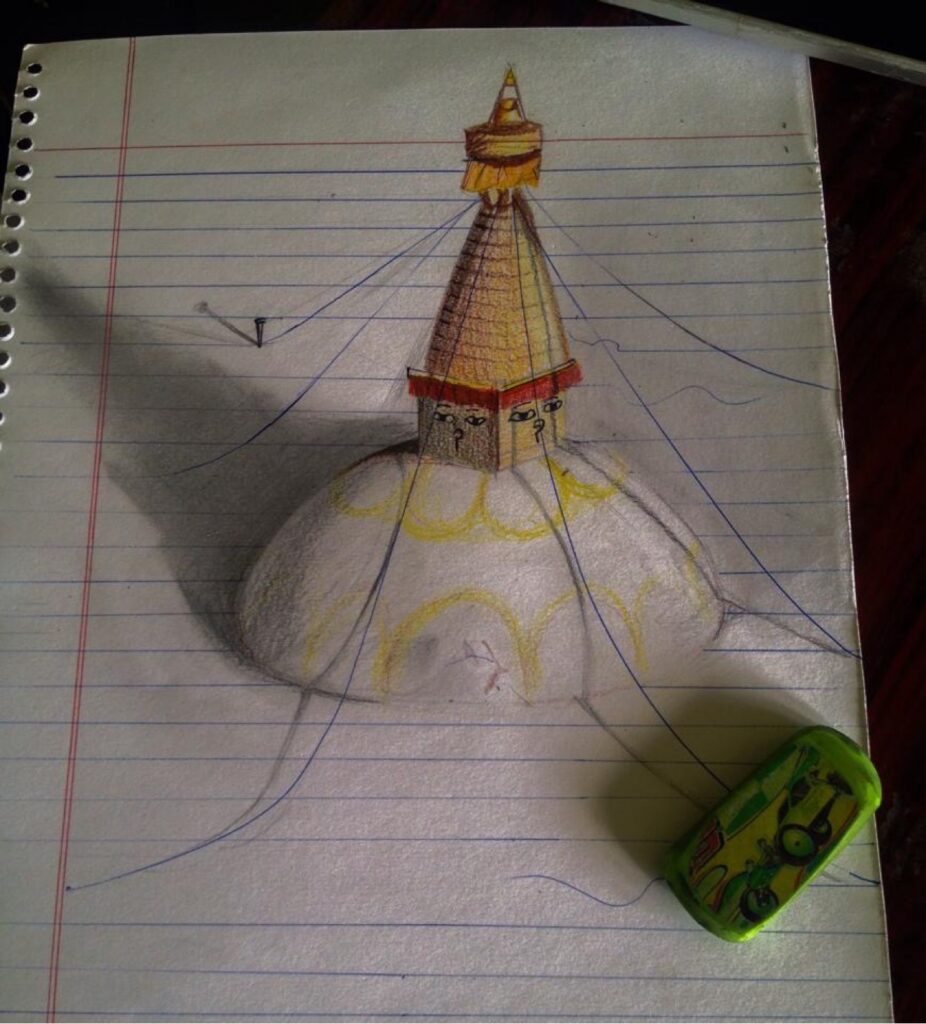 Colored pencil drawing of the Boudhanath Stupa with Buddha eyes, drawn in 3D effect on notebook paper, by Utsav Adhikari