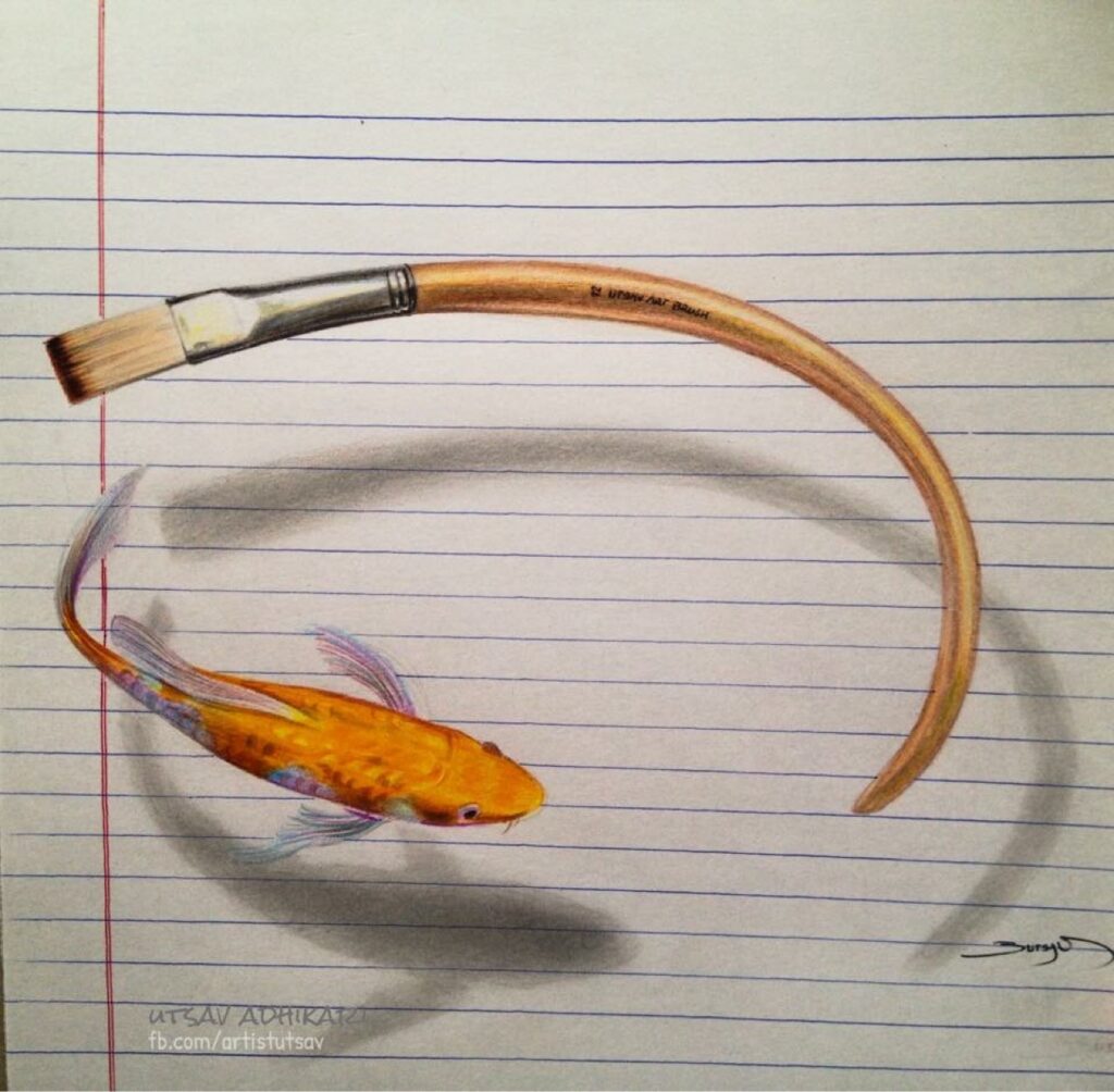 Colored pencil drawing of a koi fish chasing a curved paintbrush in 3D effect on lined paper, by Utsav Adhikari
