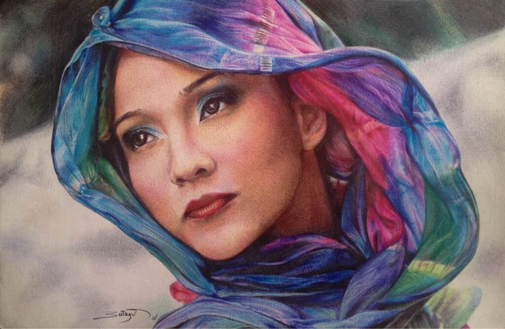 Colored pencil portrait of a woman wrapped in a vivid blue and magenta veil, by Utsav Adhikari
