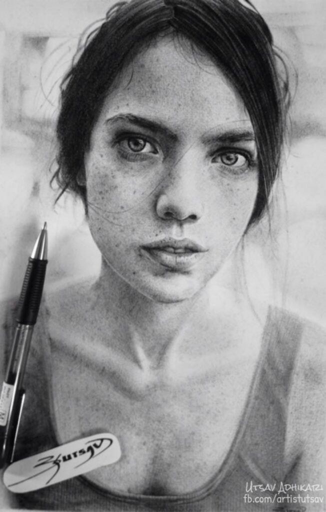 Hyperrealistic graphite pencil portrait of a young woman with freckles, by Utsav Adhikari