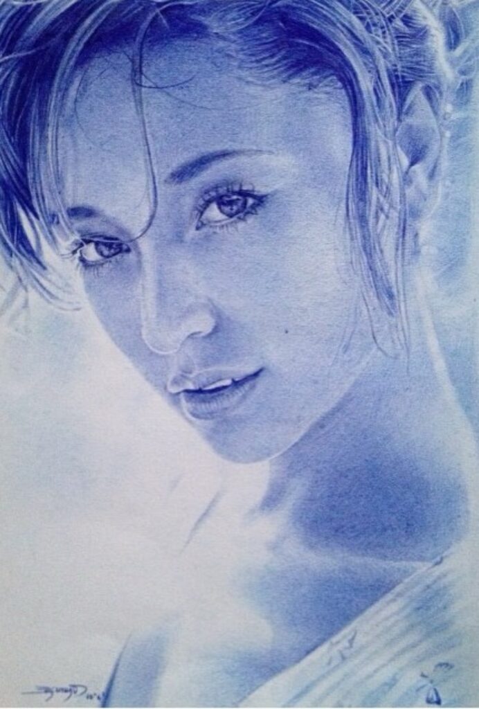 Blue ballpoint pen portrait of a woman, by Utsav Adhikari, 2015