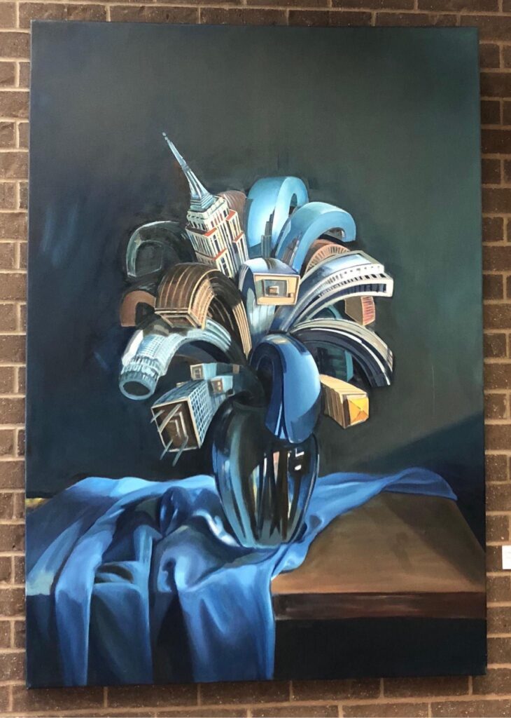Oil painting of world-famous skyscrapers blooming like flowers in a blue nocturnal bouquet, by Utsav Adhikari