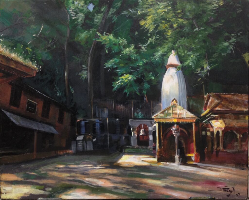 Oil painting of a white temple courtyard with traditional Newari buildings in dappled morning light, Nepal, by Utsav Adhikari, 2017