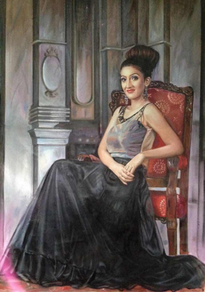 Oil painting portrait of a woman in a flowing black skirt seated on a red ornate chair, by Utsav Adhikari