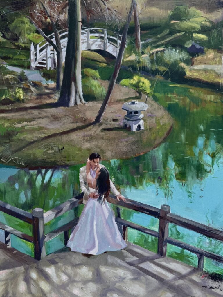 Oil painting of a couple embracing on a wooden bridge over a still pond in a Japanese-style garden, by Utsav Adhikari