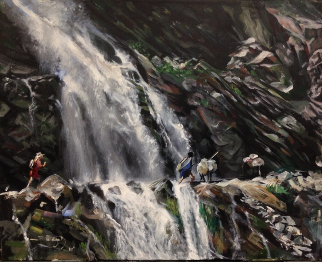Oil painting of porters crossing a waterfall with loaded baskets in the mountains, by Utsav Adhikari, 2017